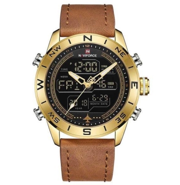 NAVIFORCE 9144 Fashion Gold Men Sport Watches Mens LED Analog Digital Watch Army Military Leather Quartz Watch Relogio Masculino